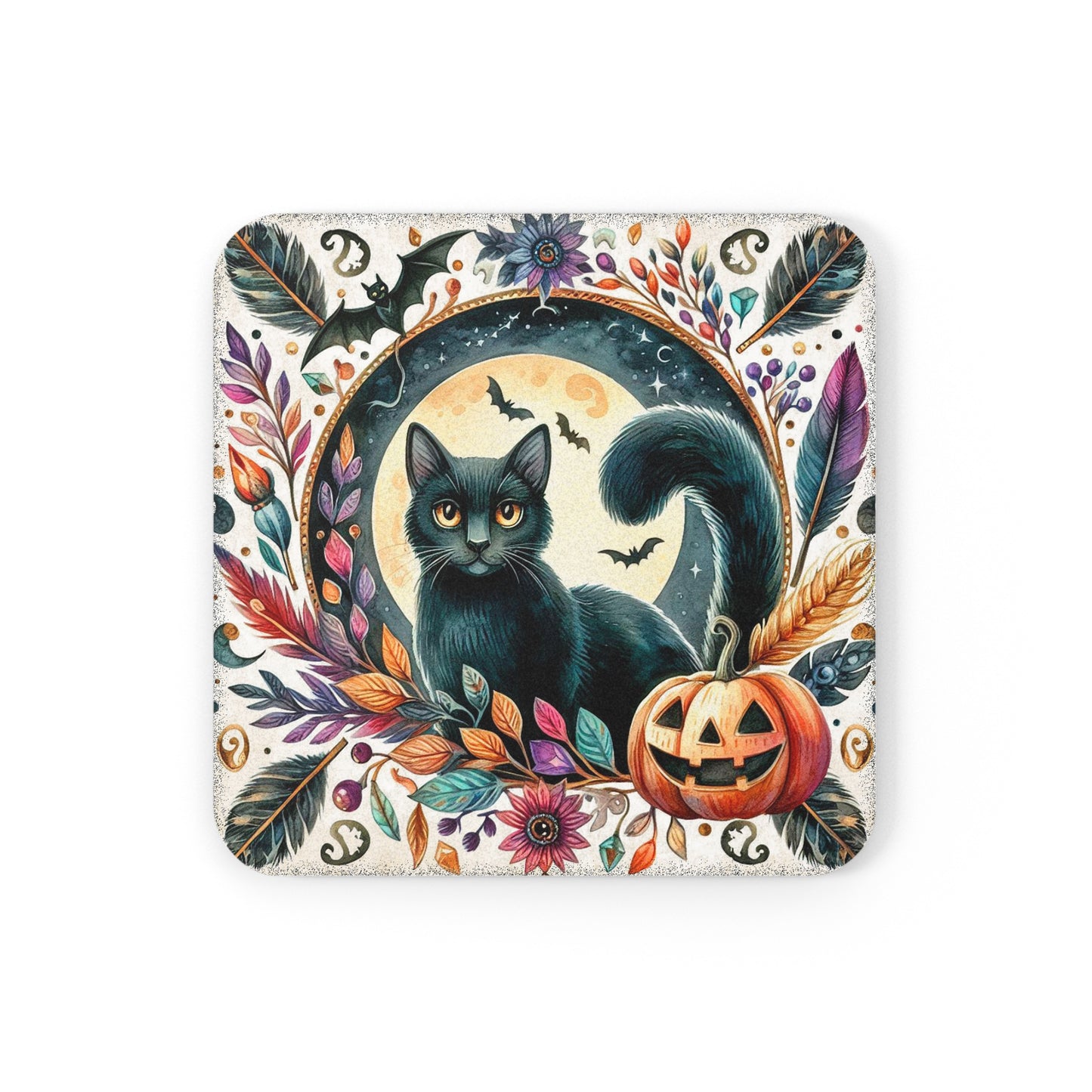 Black Cat Halloween Cork Back Coaster