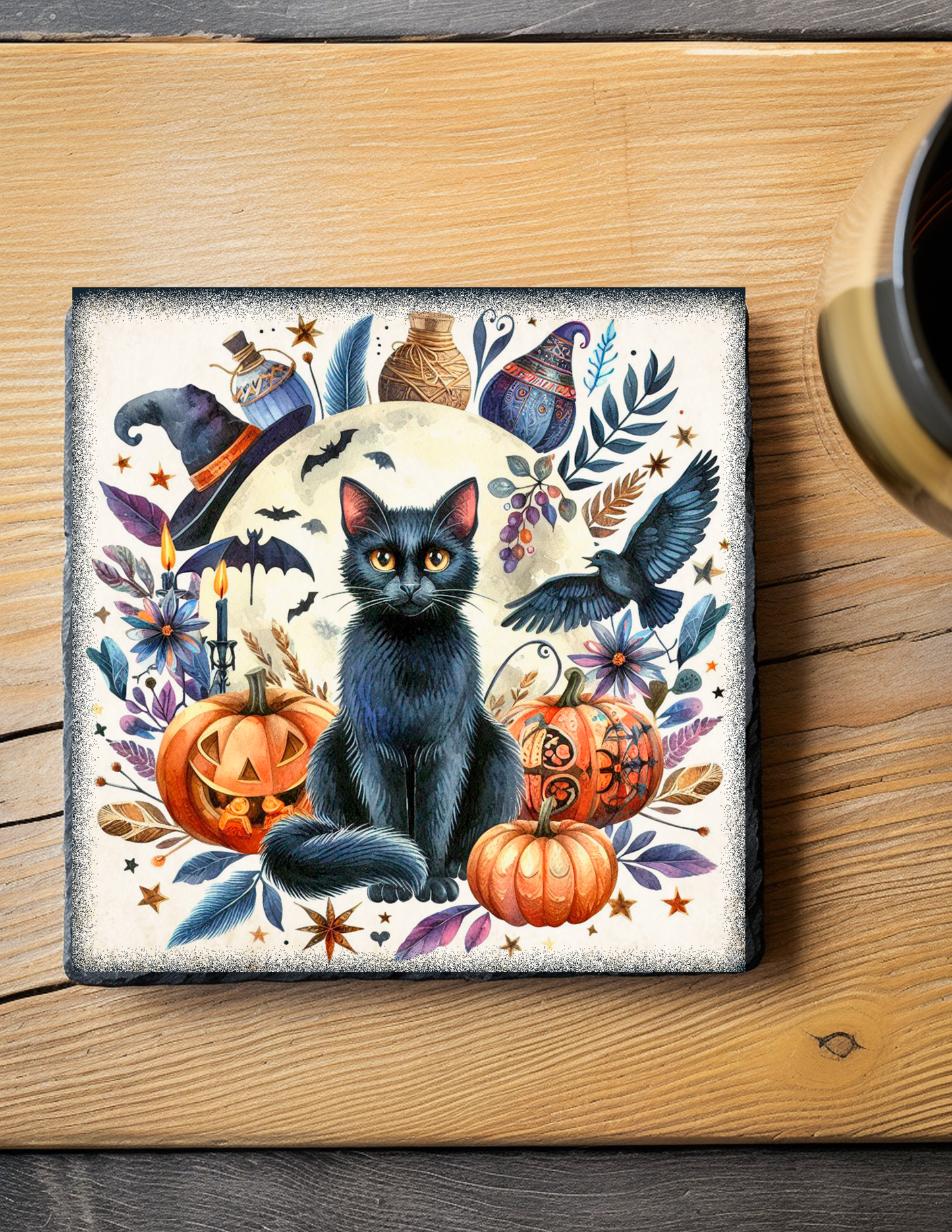 Black Cat II Halloween Cork Back Coaster