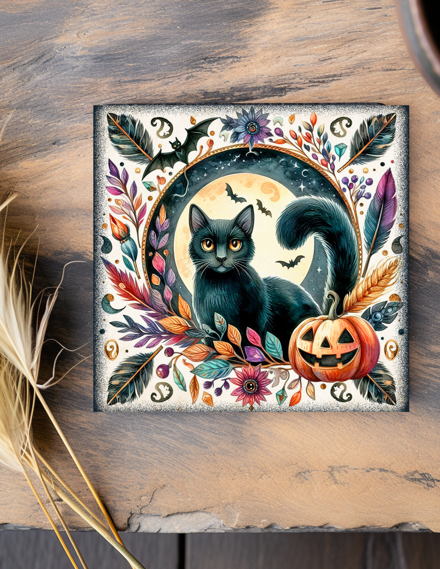 Black Cat Halloween Cork Back Coaster